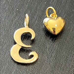 VTG Gold Plated E Monogram Name Initial Charm Pendant & Tiny Puffy Heart Charm